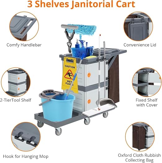 Commercial Janitorial Cart with 2 Cabinet, Traditional Janitorial 3-Shelf Cleaning Cart On Wheels, Plastic Housekeeping Cart with 30 Gallon Bag, 200 Lbs Load Capacity
