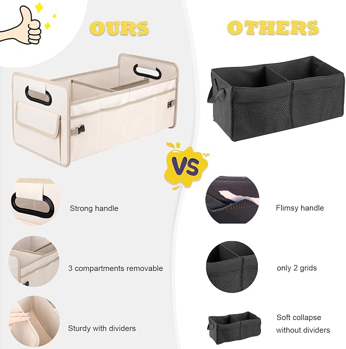 Car Trunk Organizer, Collapsible Car Organizers and Storage Large Beige | Sturdy, Strong Capacity, Clean Decor, Multi Compartment Container Box, Adjustable Car Accessories for SUV Sedan Truck