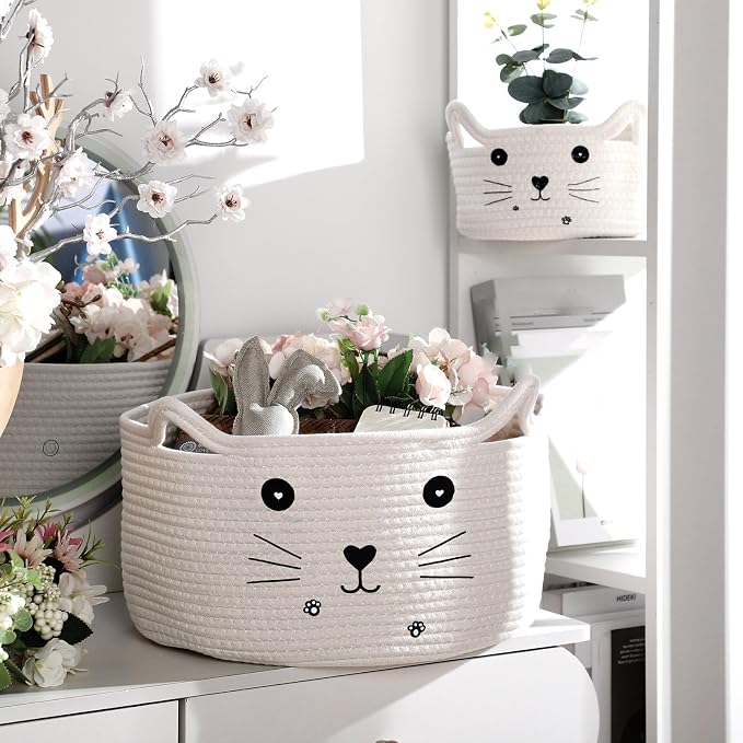Zopeal Cat Storage Basket Woven Organizer with Ears Decorative Gift Cute Cotton Rope Pet Toy Basket for Gift Cat Dog Toy Bin Nursery Room(13.7 x 7.8 Inch,White)