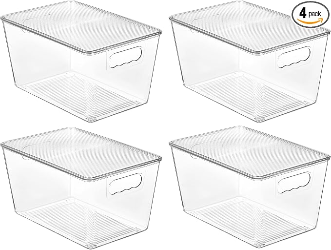 Vtopmart 4 Pack Clear Stackable Storage Bins with Lids and Handles, Large | BPA-free Plastic, Organize Vertically, For Pantry Kitchen Fridge Cabinet Closet Bathroom, Built to Last, Easy to Move