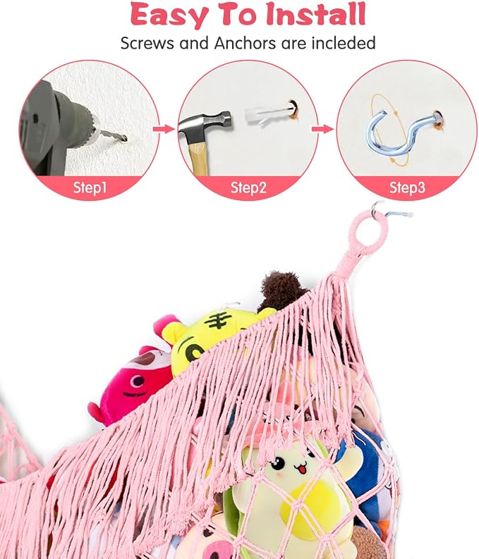 Stuffed Animal Hammock - Extra Large 56'' Long (Light Pink) | Premium Cotton Hand-knitted, Beautiful Long Tassel, Storage Hanging Organizer, Can Fit Stuffed Animals 30 Piece or More
