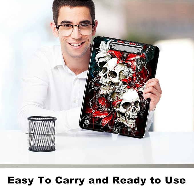 Red Lily Skull A4 Clipboard with Storage Pen Holder, Clipboards Organizer Nursing Clipboard Foldable File Folder Plastic Clipboard Folio Clip Board for Office Students Classroom Doctor