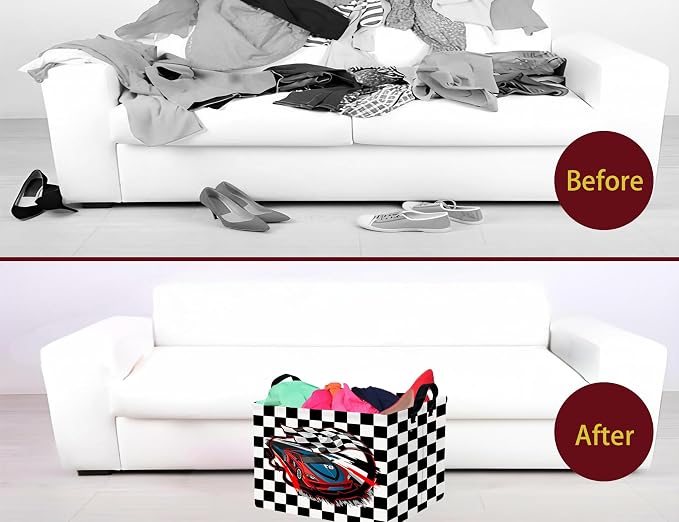 Large Boys Checkered Basket Canvas Kids Toy Storage Bin Nursery Baby Organizing Decor (Check Racing Car)