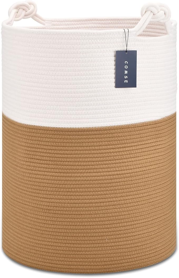 COMSE Tall Woven Blanket & Laundry Basket, 72L, White & Camel | 15.7”x 21.7”, Cotton Rope, Large Nursery Hamper for Storage of Toys Clothes Towels, Great for Living Rooms Bedrooms Bathrooms