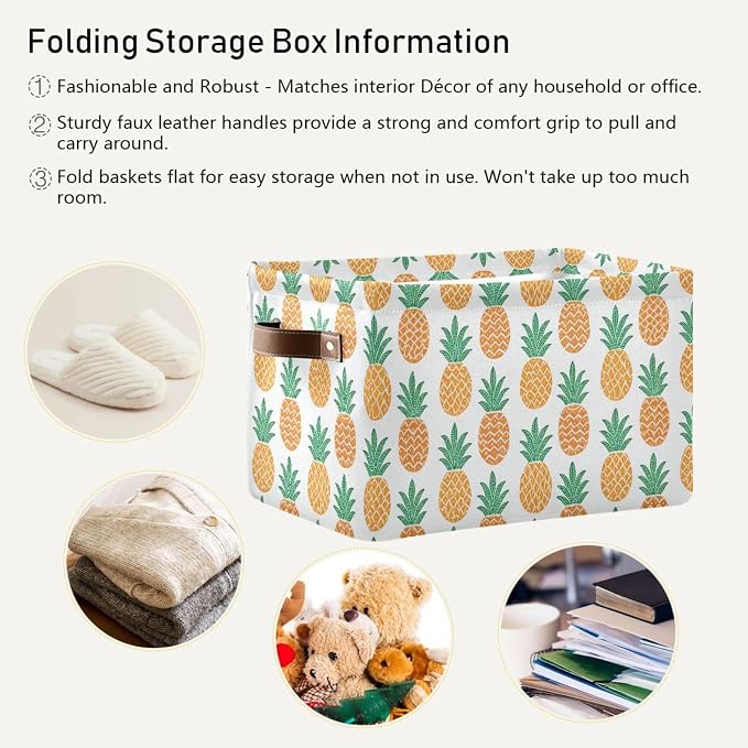 Fun Pineapple Storage Basket Bin, Large Cube Storage Box Canvas Collapsible Storage Organizer for Home Office Closet - 15 L x 11 W x 9.5 H