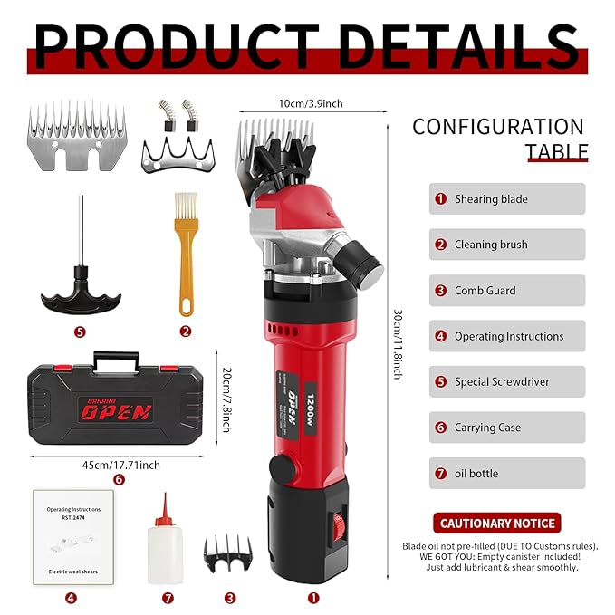 1200W Sheep Shears Clippers, 3200RPM 6-Speed Adjustable Heavy Duty Electric Sheep Shears for Dogs and Farm Livestock Grooming, 13T Blades, Professional Thick Coat Dog Clippers for Alpacas, Goats (RED)