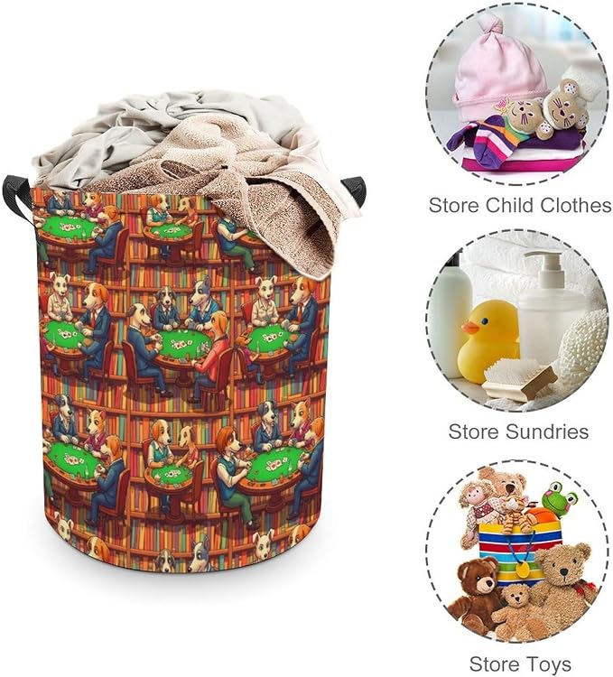 Waterproof Laundry Hamper with Handles Dogs Playing Poker Cards Library, Collapsible Basket for Clothing, Toy, and Towel Organization in Home and Nursery