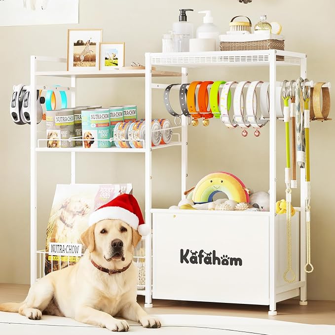 KAFAHOM Dog Toy Basket with Collar Leash Holder Hooks, Large Pet Bin, Dog Toy Box for Living Room Area, Cat Stuff Storage Organizer with Cabinet and Can Dispenser, Great Gifts for Pet Lovers