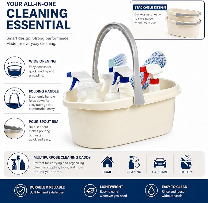 Compact Mop Bucket with Handle, Rectangular Cleaning Bucket and Caddy for Cleaning Supplies, 10L, White