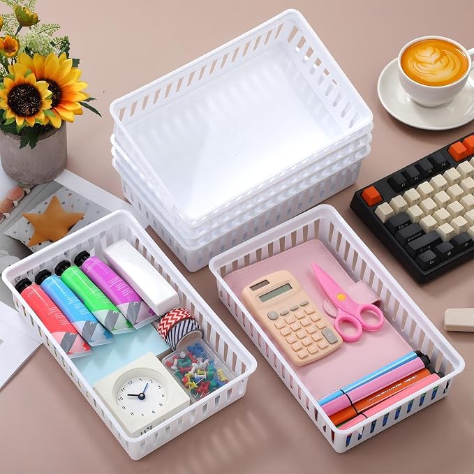 Boao 48 Pieces Plastic Baskets for Organizing 10.24 x 6.5 x 2.36 Inch Rectangular Storage Trays Plastic Organizer Bins Rectangle for Classroom Organization(White)