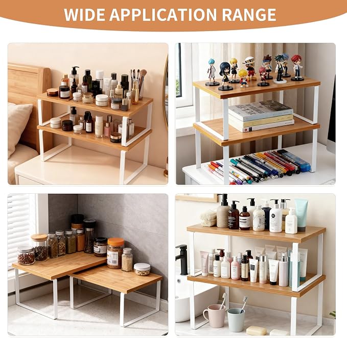 2 Pack Expandable Cabinet Shelf, Wood & Metal Warm Bamboo | 2pack expandable cabinet shelf organizer 11.8-23.2 wood&metal 35lbs natural kitchen pantry spice rack stackable