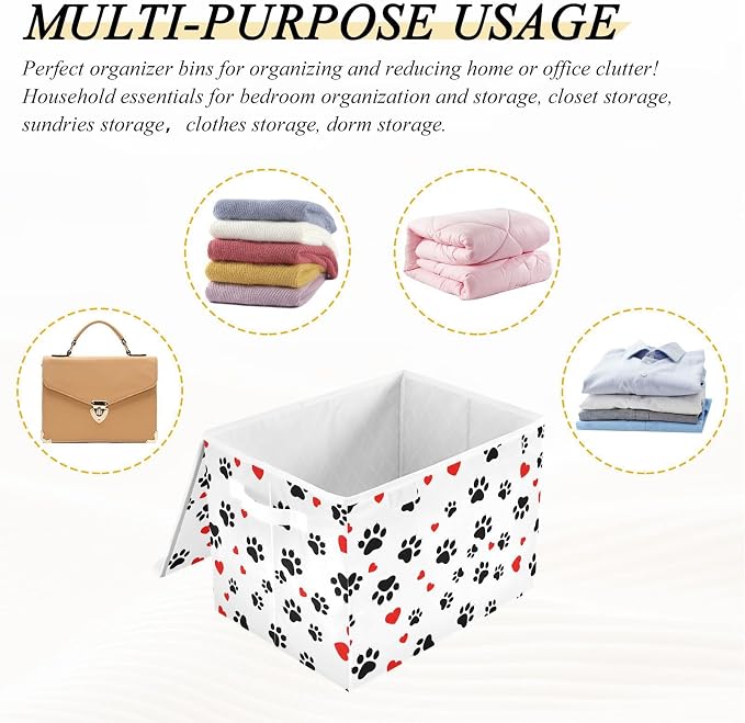 Paw Heart Storage Bins with Lids Closet Bedroom 40L Fabric Bin | Decorative Storage Boxes, Foldable & Stackable, Dust-Proof Flip Top, Reinforced Handles, For Home & Dorm, Clothes & Toy Box