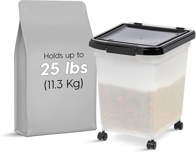 IRIS USA Dog Food Storage Container, Up to 25 lbs, Pearl/Black, Made in USA | Wheels for Mobility, Airtight Seal, BPA-Free, Best for Bird Seed, Cat food, Cat Litter, Chicken Feed, Pellets