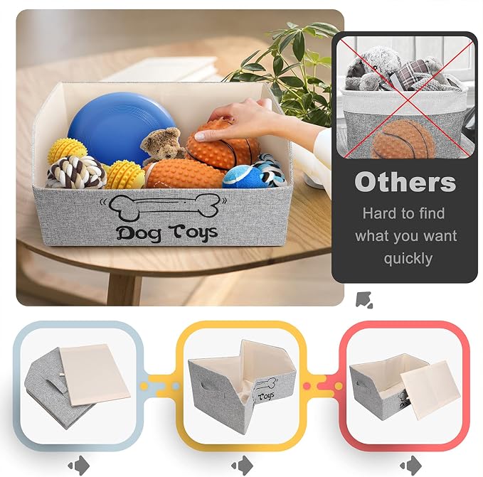 2X Thicker Large Dog Toy Basket, Collapsible Pet Dog Toys Storage Bin Box | Fabric Trapezoid Dog Toy Organizer With Handle for Small Medium Dog for Pet Toys, Blankets and Accessories