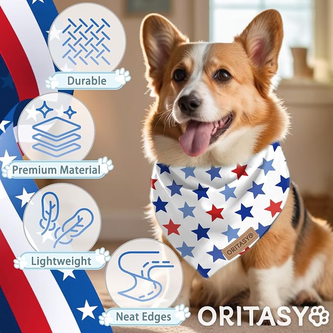 Checkered 4th of July Dog Bandanas, 2-Pack Triangle Reversible Pet Scarves, Premium Fabric, US American Flag Bandana for All Dogs (Large, Style 25-1)