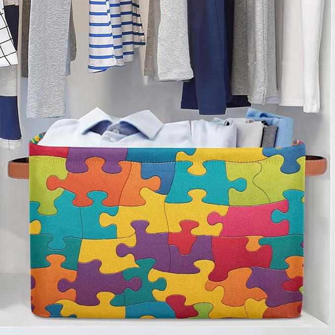 Rectangle Storage Baskets for Shelves, Colorful Puzzles Pattern Storage Cube Organizer Bins Collapsible Toy Basket for Nursery Home Room