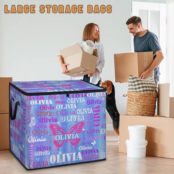 Custom Comforters Storage Basket with Lid, Personalized Name Butterflies Large Organizer Bin for Pet/Children Toys, Clothes, Perfect for Rooms/Playroom, Gradient Blue Stripes with Stars