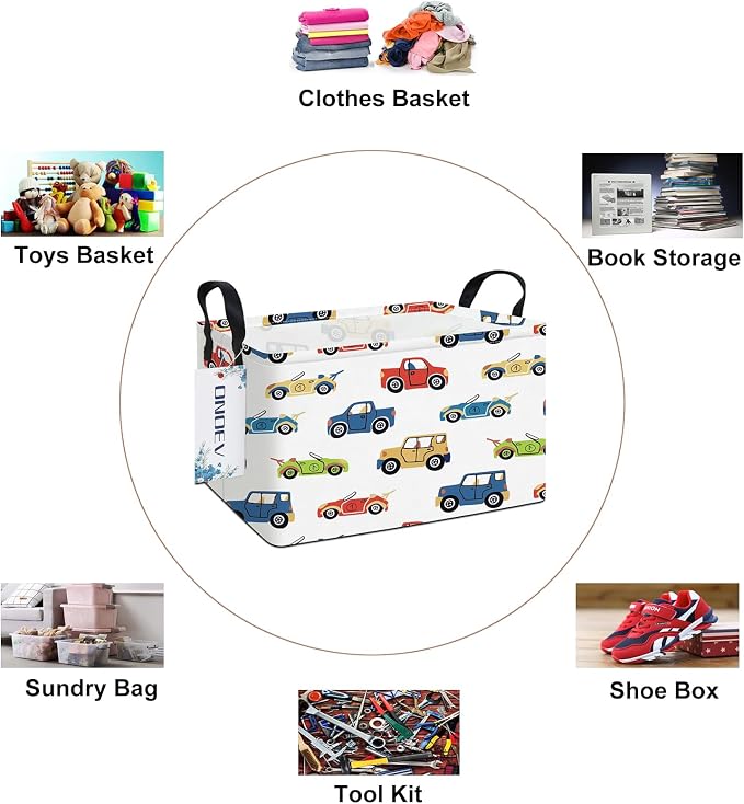Rectangular Cartoon Car Storage Bin,Closet Organizer Basket | Waterproof fabric, reinforced handles, foldable bin holds apparel, gaming‑gear and belongings for teen‑boy bedrooms