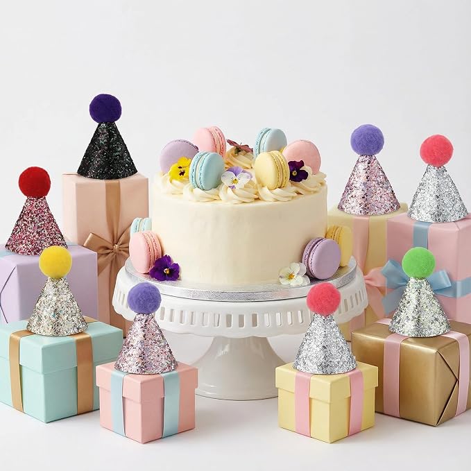 10 PCS Mini Birthday Party Hats, Mini Cone Hats with Glitter and Pom Poms for Kittens Puppies Birthday, Wedding, And Holiday Celebrations, Colorful Party Hats for Pets and Stuffed Animals