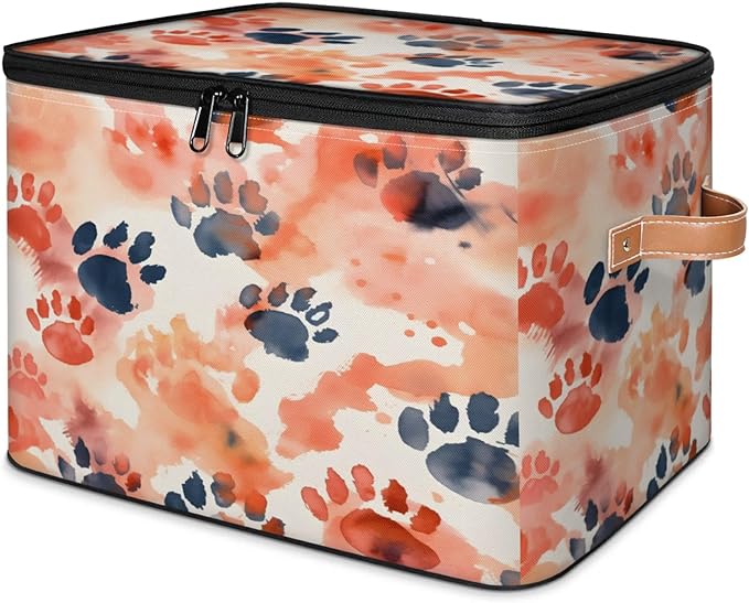 Storage Bins Animal Paw Print Storage Basket with Zipper Lid & Handle Foldable Storage Box Storage Cube Bin Clothes Organizer for Closet, Bedroom