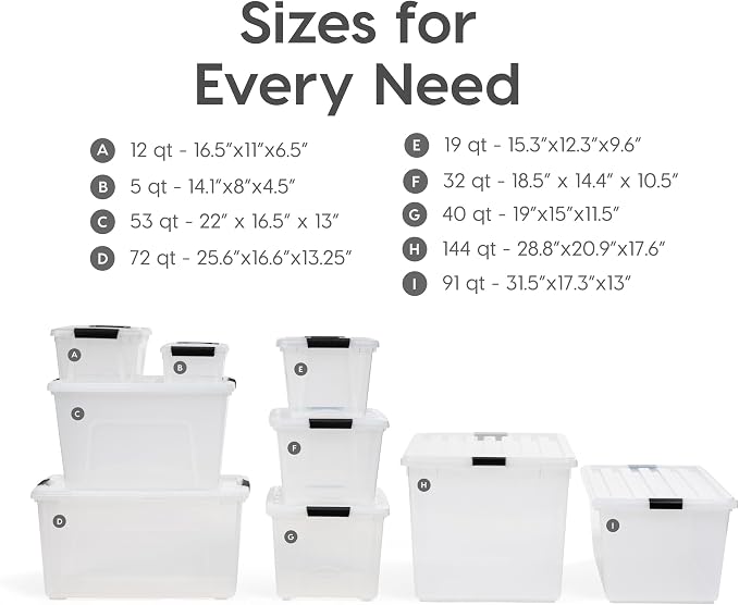 IRIS USA 4-Pack 72 Quart Storage Bins with Lids, Clear | Transparent design makes contents easy to find. Perfect for moving, blankets, clothing, and garage storage. Nestable design
