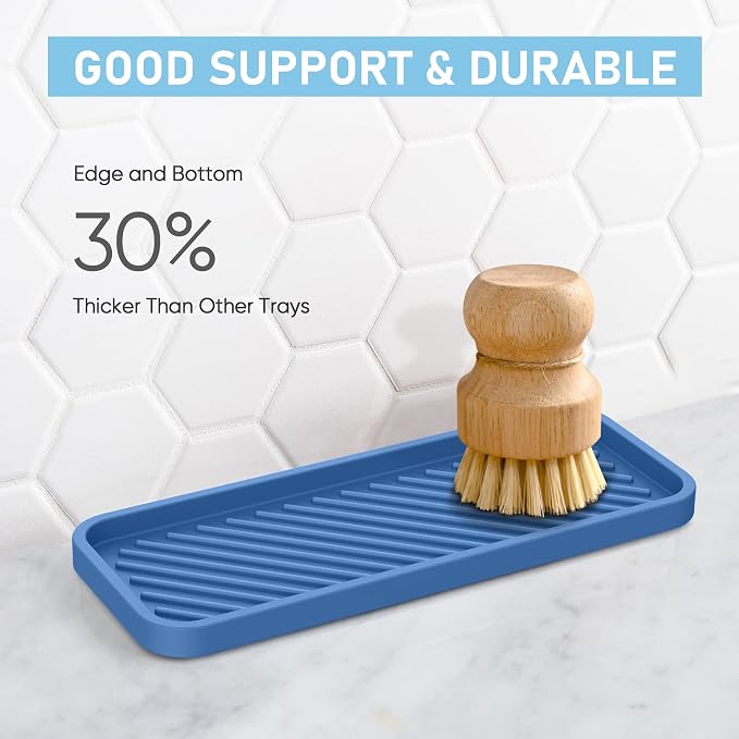 Silicone Sponge Holder, Kitchen Sink Organizer Tray（Blue）