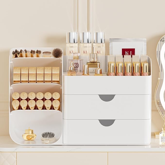 Makeup Organizer for Vanity Skincare Organizers Countertop, All White | Cosmetic Organizer with Brush Holder and 2 Drawers, Beauty Makeup Storage for Lipsticks, Nail Polishes, Eyeshadow Palettes