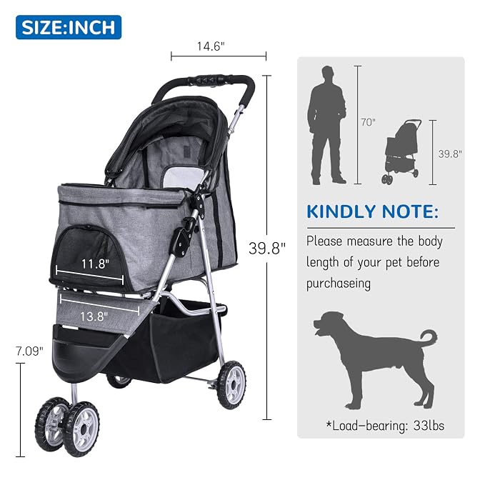 BLKMTY 3 Wheels Dog Stroller, Foldable Stroller for Cat, Dogs Waterproof Travel Carrier Strolling Cart for Puppy Small Dog Jogger Strollers W/Cup Holder & Storage Basket, Grey