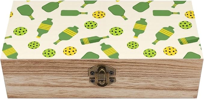 Wooden Keepsake Gift Box with Hinged Lid Small Jewelry Organizer | Pickleball Sports Green Memory Storage Decorative Boxes, for Photos, Letters