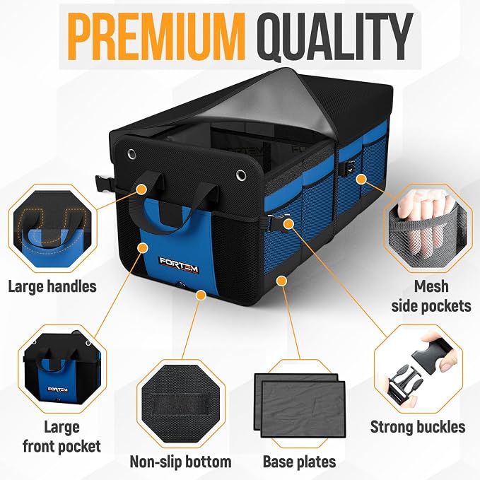 FORTEM Trunk Organizer - Collapsible Car Organizer & Storage Bag for SUVs | Car Accessories for Men & Women, Cooler Bag, Non Slip Bottom, Straps, Soft Cover, 1680D Oxford, 3 Compartments, Blue, 65L