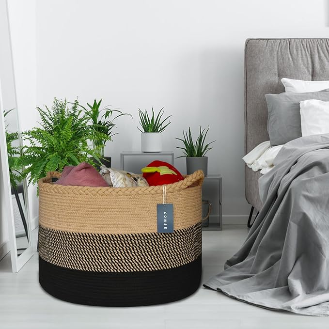 COMSE XXXLarge Woven Blanket & Laundry Basket, 87L, Brown & Black | 21.7" x 13.8", Cotton Rope, Nursery Hamper for Storage of Toys Clothes Towels, Ideal for Living Room Bedroom Bathroom