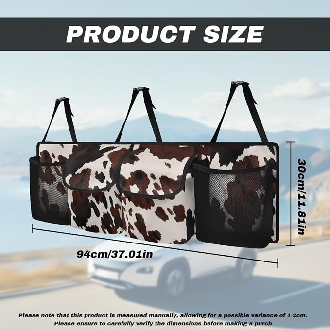 Dreaweet Brown Cow Print Car Trunk Organizer for Sedan Collapsible Hanging Car Storage Organizer Accessories Interior for Women Large Capacity 4 Pockets Car Organizer for SUV Trucks Minivan