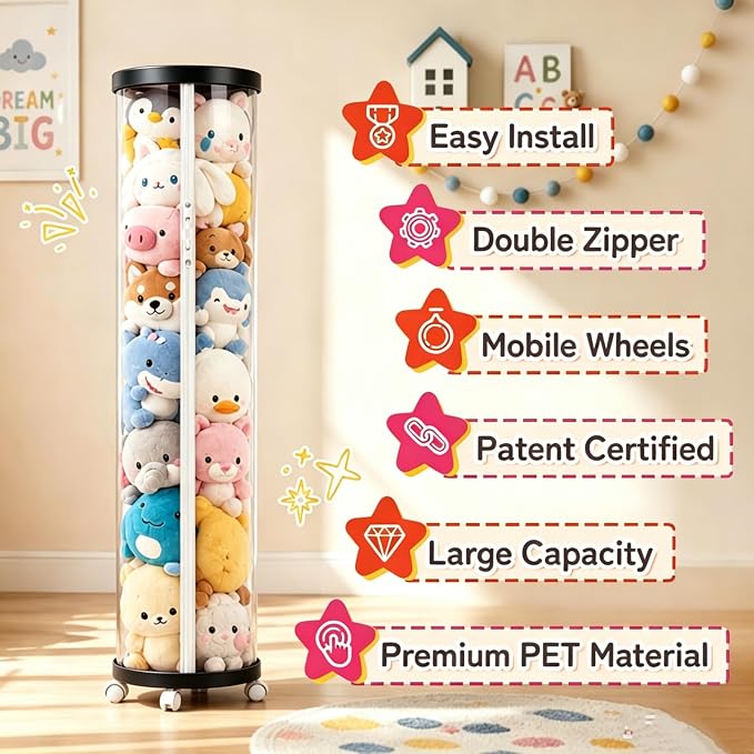 Large Stuffed Animal Storage Tube with Wheels, Tall Toy Organizer with Double Zipper, WhiteClear PET Cylinder Container for Plush Toy Organization, Space Saving Kids Room Storage,Black
