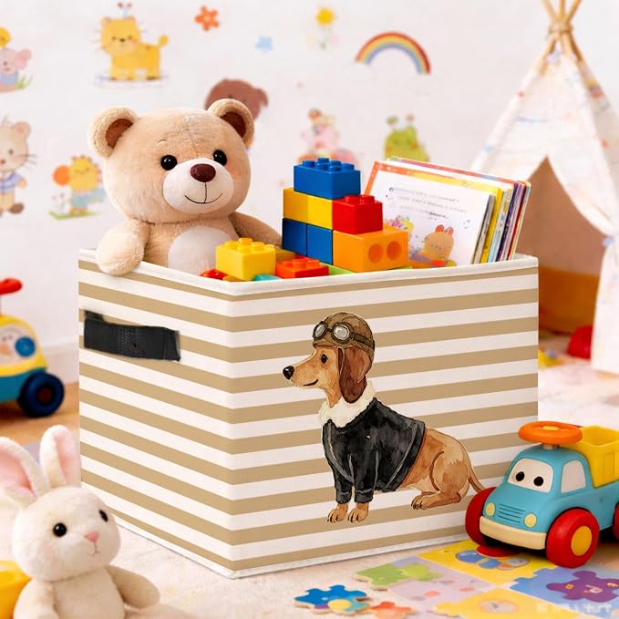 Aviator Dog Storage Bin, Dachshund Pilot Beige Stripe Fabric Basket | Beige stripe collapsible fabric organizer for nursery, bedroom, playroom, toys, books, clothes