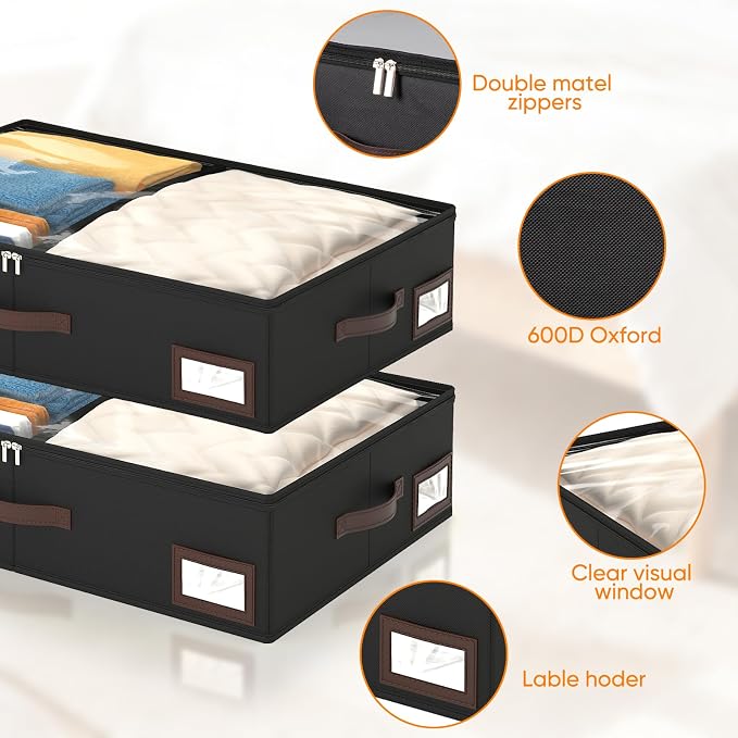 OIAHOMY 2 Pack 38L Under Bed Storage with Adjustable Dividers, 6" Low Profile Underbed Storage Bins for Comforters & Clothes, Save Closet Space with Clear View Lid & Reinforced Handles, Black
