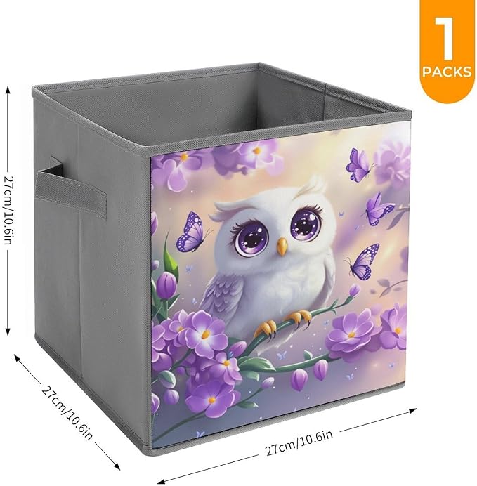 Owl Foldable Storage Bins, 10.6" Cube Storage Organizer, Sturdy Oxford Cloth Fabric Baskets for Closet, Shelf, Nursery, Bedroom, Decorative Printed Box for Toys & Clothes