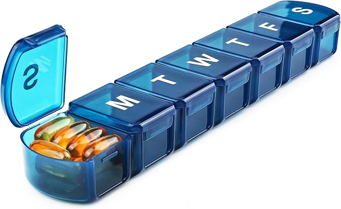 Extra Large Weekly Pill Box Organizer 7 Day, MOLN HYMY 1 Week Jumbo Pill Dispenser Case One Time a Day, Daily Medicine Container to Hold Medication, Vitamins, Fish Oils and Supplement (Blue