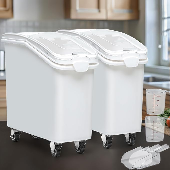 YITAHOME 21-Gallon Food Storage Container Bulk Flour Bin, Large Ingredient Storage Bin with Wheels, Measuring Cup & Scoop, for Kitchen/Dining Room, Commercial Rice Container, 2 count,White