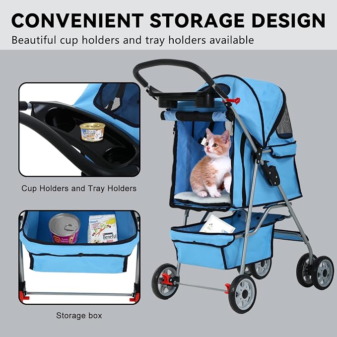 4 Wheels Cat Stroller, Pet Cat Jogger Stroller, Folding Carrier Waterpro with Cup Holder & Removable Liner, Dog Strollers for Small Dogs, for Small and Medium Pet Supplies (Blue)