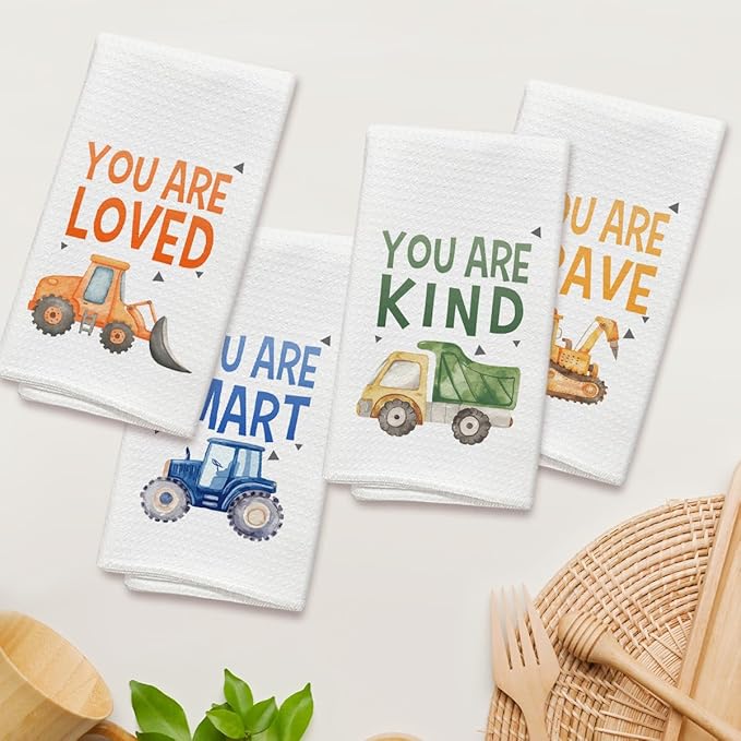 Construction Car You are Brave Kind Kitchen Towels and Dishcloths Set of 4, Inspirational Decorative Kids Hand Towel Drying Cloth for Bathroom, Gift for Boys, 16x24 Inches -02