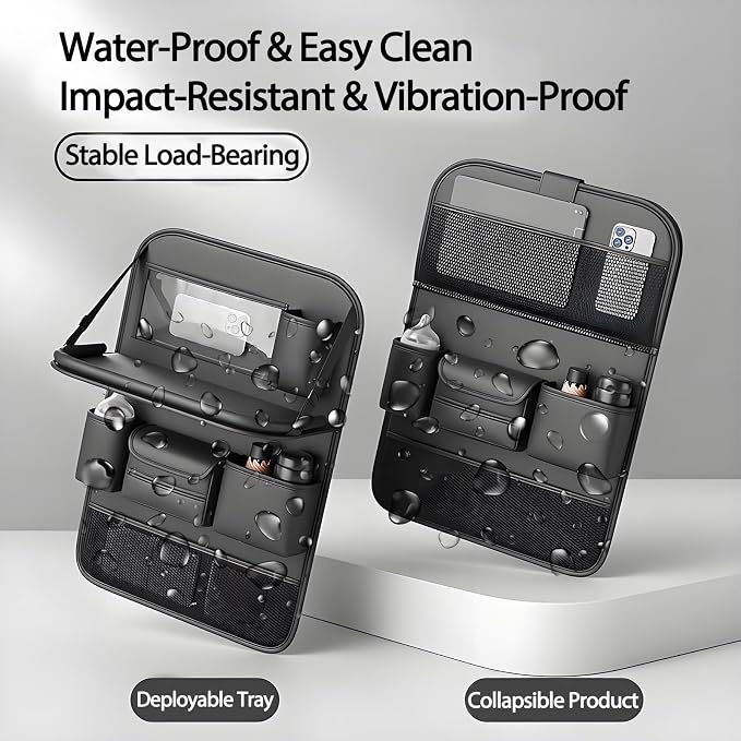 Universal Foldable Car Backseat Organizer with Table Tray, Car Seat Back Protector with Touch Screen Phone Holder, Premium Leather Kick Mats with Storage Pockets Tissue Box (Black)