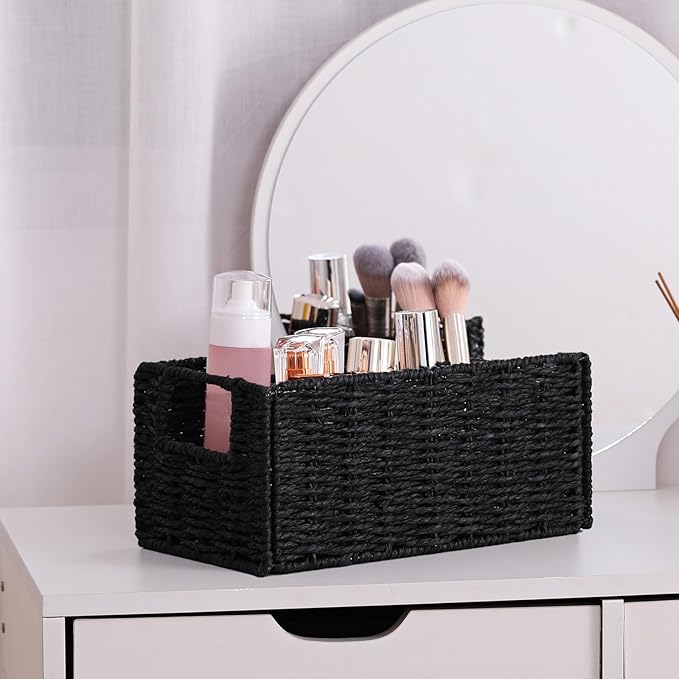 Vagusicc Wicker Storage Basket, Set of 2 Black Wicker Baskets for Bathroom | Hand-Woven Wicker Small Storage Baskets for Organizing Toilet Paper, Foldable Large Cube Storage Organizer Bin for Shelves