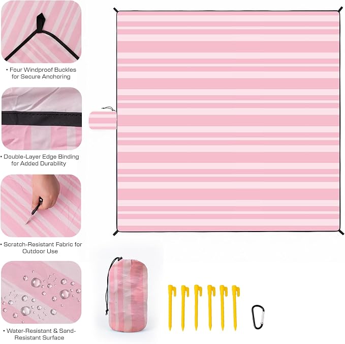 OIGAE Beach Blanket Waterproof Sandproof Oversized Beach Mat | Picnic Mat with Stakes, Storage Bag - Essentials for Outdoor Beach, Picnic,Quick-Dry Lightweight,Windproof Pockets