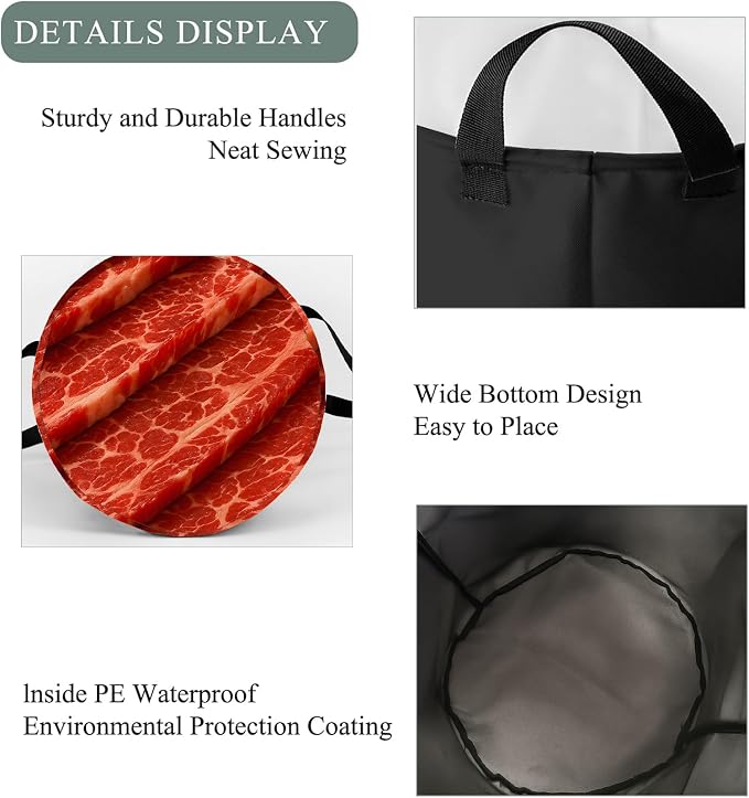 Fresh Beef Basket Hamper, Organizer Bins Gifts for Women Kids, Realistic Meat Food Foldable Waterproof Clothes Hamper Handles Storage Bucket for Bedroom Bathroom Room Decor 19.7"x15.7"