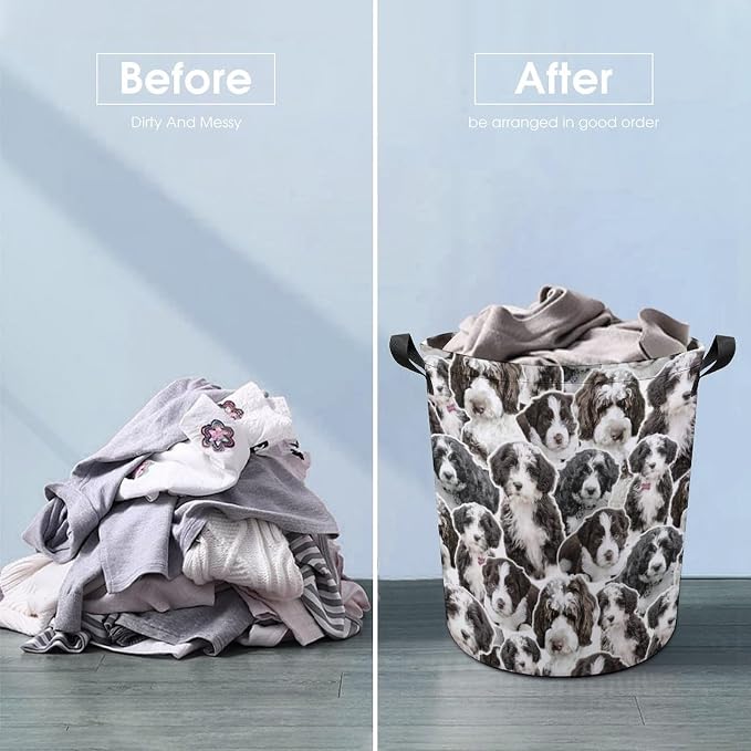 Portuguese Water Dog Print Laundry Basket, Funny Pet Dog Laundry Hamper, Collapsible Organizer Basket Storage Bin for Bedroom Clothes, Gifts for Portuguese Water Dog Mom Dog Lover Owner