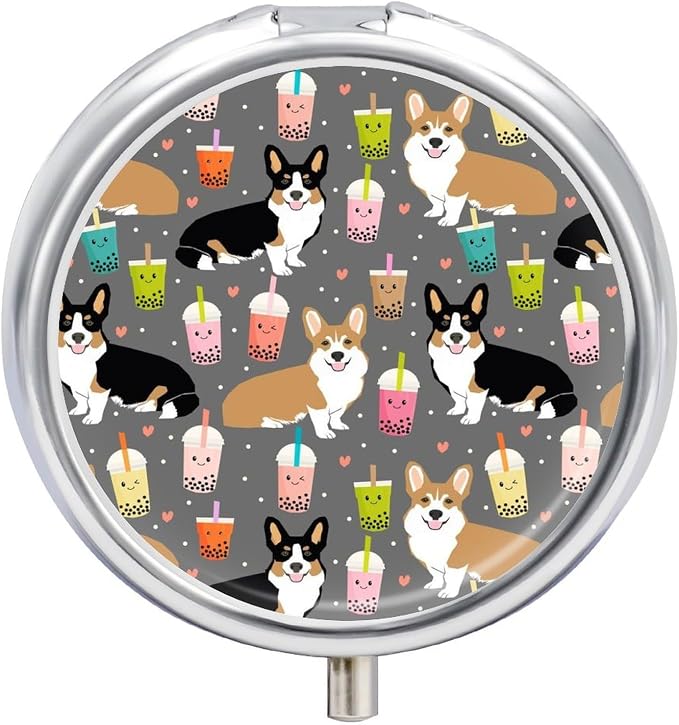 3 Compartment Round Pill Box Portable Metal Travel Pill Organizer | Cute Corgi Pet Pill Case to Hold Vitamins, Medication, Fish Oil and Supplements, Ideal for Purse & Pocket