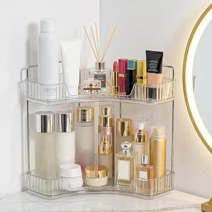 Corner Bathroom Counter Organizer, Vanity Organizer - Countertop Corner Shelf for Makeup Storage,Spice Racks for Kitchen Corner (Clear, 2-Tier)