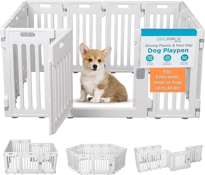 BIRDROCK HOME Pet Playpen with Door | 12 Panel | Fits: Toy or Small Dogs up to 40lbs. | Strong Plastic | Puppy Safety Fence Pen Playpen | Non-Slip & Secure Dog Gate | White