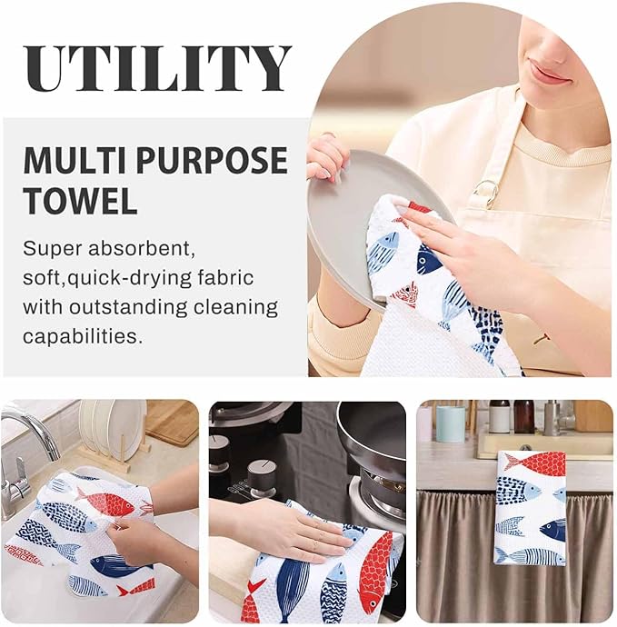 Decorative Fish Waffle Kitchen Dish Cloths Colorful Vintage Nautical Beach Abstract Fishes Ultra Soft Absorbent Quick Drying Dish Towels 16 X 24 Inches Set of 2