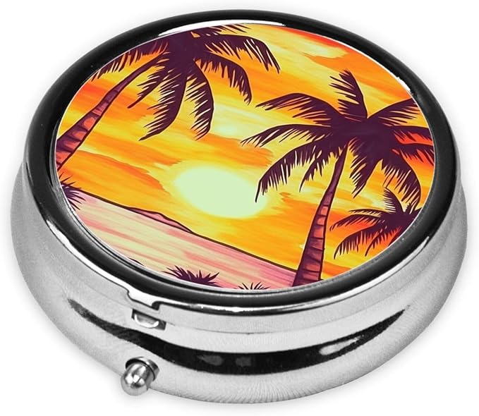 Round Pill Box Sunset Palm Tree Pill Case for Purse & Pocket 3 Compartment Pill Organizer Portable Travel Pillbox Medicine Pill Holder Container for Daily Vitamin Cod Liver Oil Storage